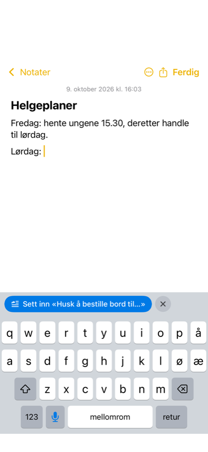 Kviskre-tastaturet i Notater med en Sett inn-knapp over tastene
