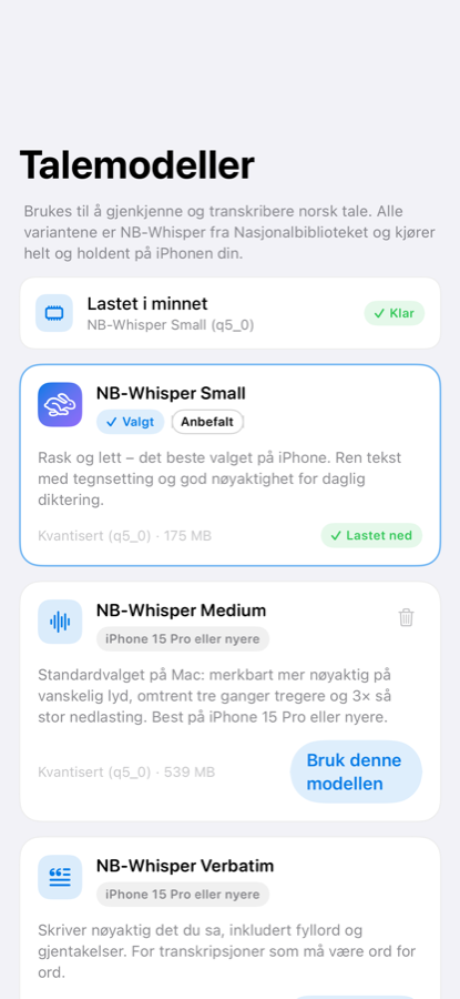 Modellsiden med NB-Whisper Small og Medium