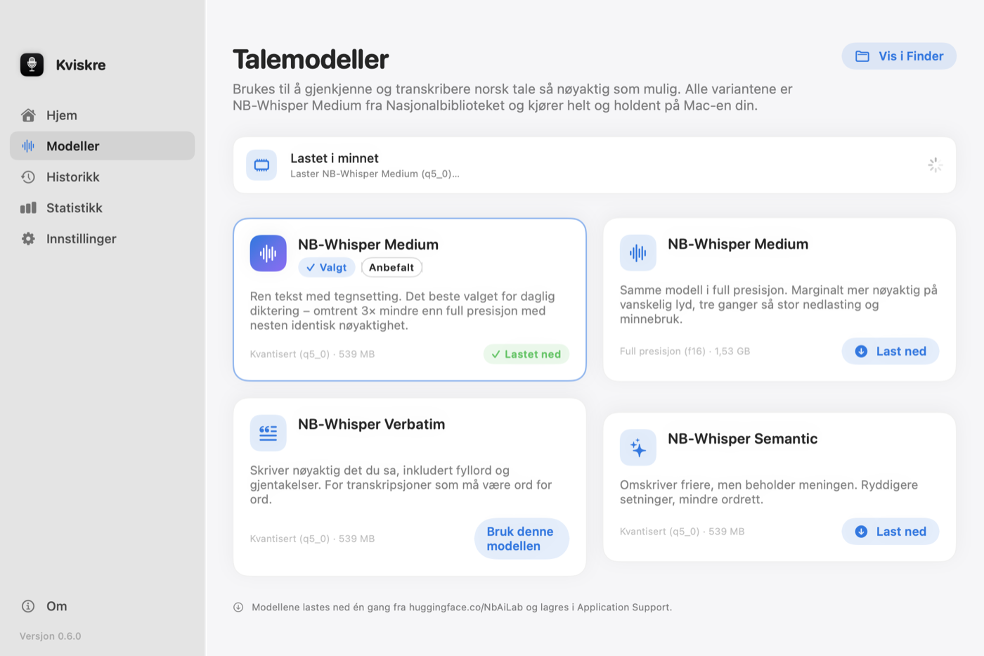 Modellsiden i Kviskre for Mac med fire NB-Whisper-varianter